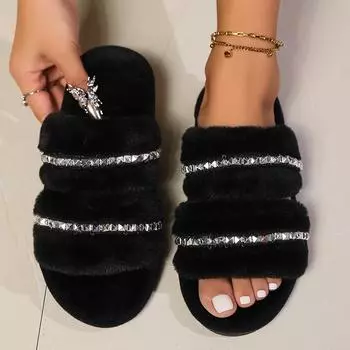 Женская мода зима 2024 новые нескользящие повседневные тапочки домашние туфли на плоской подошве женские теплые однотонные модные тапочки слайдеры женские 36-37 чёрный