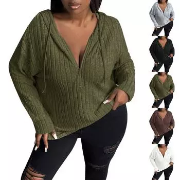 Женская мода зима новый однотонный длинный рукав толстовка женская с капюшоном на молнии топ L армия зеленый