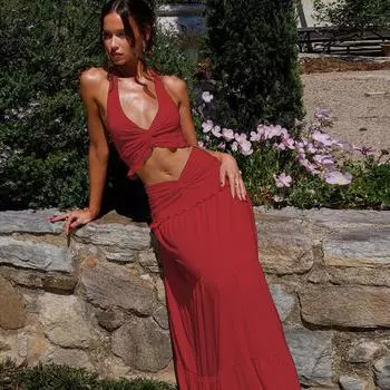 Женская мода зима сексуальный V-образный вырез деревянные ушки сбоку халтер детали узел юбка S абрикосовый