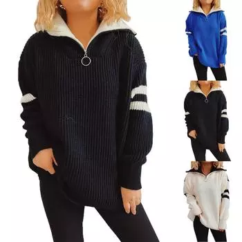 Женская мода зима свободный повседневный молния лацкан рукав полосатый вязаный свитер пуловер свитер L чёрный