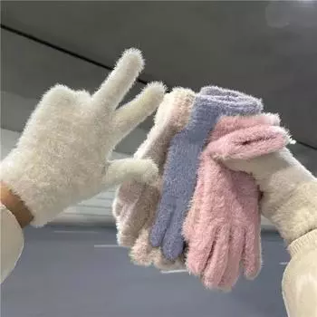 Женская мода зимние на открытом воздухе велосипедные перчатки из искусственного меха кролика бархатные перчатки с пятью пальцами белый