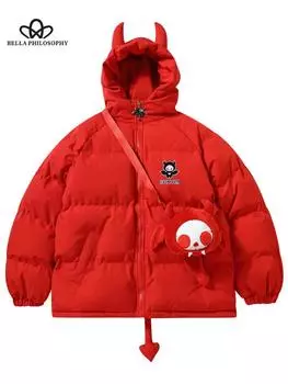 Женская мода, зимняя однотонная куртка с длинным рукавом и капюшоном с узором «Маленький дьявол», модная хлопковая куртка, женское зимнее модное пальто S красный