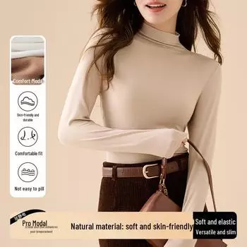 Женская модальная однотонная футболка с длинным рукавом и высоким воротником — новинка весны/осени 2025 г. XL (62.5kg-70kg)