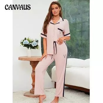 Женская модальная полосатая хлопковая пижама для отдыха, удобная свободная, весна-лето, новый комплект брюк для дома с короткими рукавами M чёрный