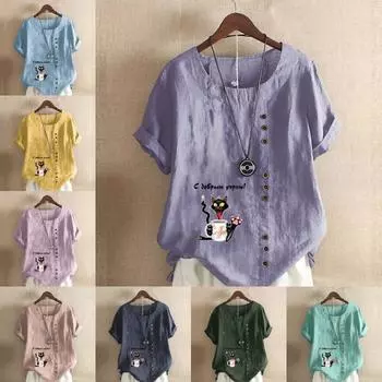 Женская модаМультяшный черный кот Принт с коротким рукавом Футболка Свободная хлопковая рубашка Повседневная свободная летняя блузка Топы размера плюс S розовый