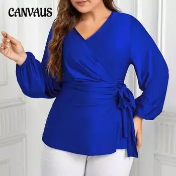 Женская модель больших размеров, осенняя, новая мода, V-образный вырез, шнуровка, длинные рукава, топ 1XL синий