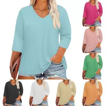 Женская модель больших размеров с V-образным вырезом и рукавом 3/4, однотонный топ XXXL оранжевый