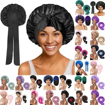 Женская модная эластичная шапочка для душа с широким краем и длинным хвостом, цветная двусторонняя женская шапочка для волос средней длины One Size чёрный