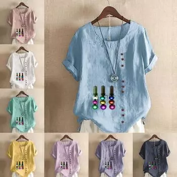 Женская модная электрическая светящаяся футболка с круглым вырезом и коротким рукавом, повседневная хлопковая льняная рубашка с рисунком, свободная летняя блузка, топы S розовый