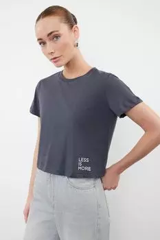 Женская модная антрацитовая трикотажная футболка из 100% хлопка с принтом и круглым вырезом