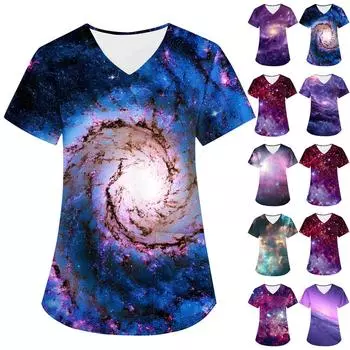 Женская модная астральная принтованная футболка с коротким рукавом и V-образным вырезом с маленьким карманом L темно-синий