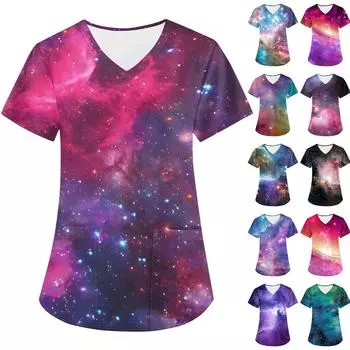 Женская модная астральная принтованная футболка с коротким рукавом и V-образным вырезом с маленьким карманом L синий