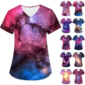 Женская модная астральная принтованная футболка с коротким рукавом и V-образным вырезом с маленьким карманом L темно-синий