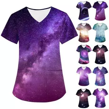 Женская модная астральная принтованная футболка с коротким рукавом и V-образным вырезом с маленьким карманом L чёрный