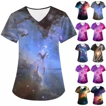 Женская модная астральная принтованная футболка с коротким рукавом и V-образным вырезом с маленьким карманом L синий