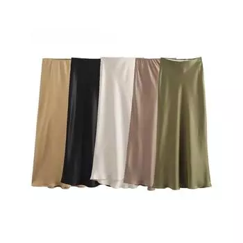 Женская модная атласная однотонная плиссированная юбка-миди, винтажная средняя эластичная талия, женские шикарные женские юбки XS хаки