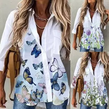 Женская модная белая блузка на пуговицах с цветочным принтом, свободная повседневная рубашка с длинным рукавом и воротником-стойкой, топ S