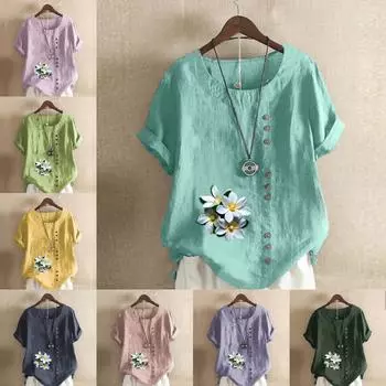 Женская модная белая футболка с цветочным принтом и короткими рукавами, свободная хлопковая рубашка, повседневная свободная летняя блузка, топы больших размеров S розовый