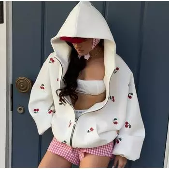 Женская модная белая толстовка с капюшоном с принтом вишни 2025 года, весна, женская свободная уличная толстовка с длинным рукавом и капюшоном на молнии S белый