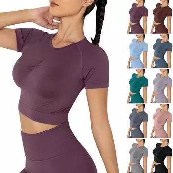 Женская модная бесшовная однотонная спортивная футболка с коротким рукавом для йоги, топ