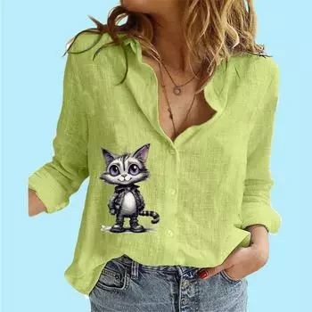 Женская модная блузка на пуговицах, повседневная тонкая рубашка с длинным рукавом из хлопка и льна с принтом S белый