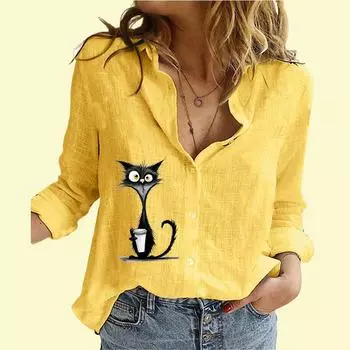 Женская модная блузка на пуговицах, повседневная тонкая рубашка с длинными рукавами из хлопка и льна с принтом S белый