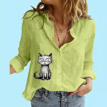 Женская модная блузка на пуговицах, повседневная тонкая рубашка с длинными рукавами из хлопка и льна с принтом S белый