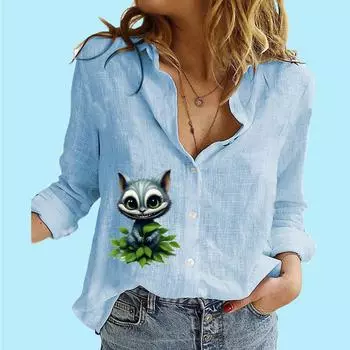 Женская модная блузка на пуговицах, повседневная тонкая рубашка с длинным рукавом из хлопка и льна с принтом S белый