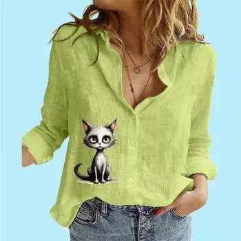 Женская модная блузка на пуговицах, повседневная тонкая рубашка с длинным рукавом из хлопка и льна с принтом S белый