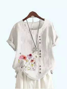 Женская модная блузка с цветочным принтом, летний топ с короткими рукавами, женская повседневная футболка с круглым воротником, свободные блузки больших размеров S коричневый