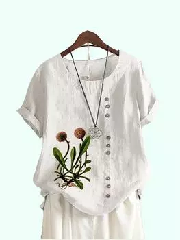 Женская модная блузка с цветочным принтом, летний топ с короткими рукавами, женская повседневная футболка с круглым воротником, свободные блузки больших размеров S коричневый