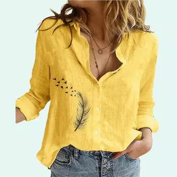 Женская модная блузка с цветочным принтом, женская хлопково-льняная блузка с лацканами, повседневная свободная футболка с длинным рукавом на пуговицах S белый