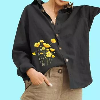 Женская модная блузка с цветочным принтом, женская хлопковая льняная рубашка с длинным рукавом и застежкой на пуговицы S белый