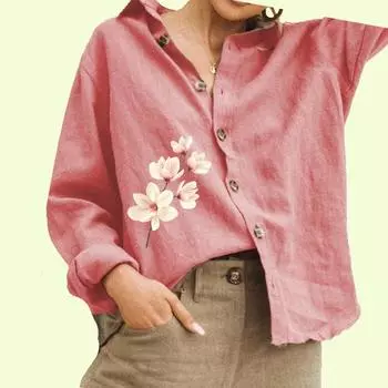 Женская модная блузка с цветочным принтом, женская повседневная рубашка из хлопка и льна с длинным рукавом на пуговицах S белый