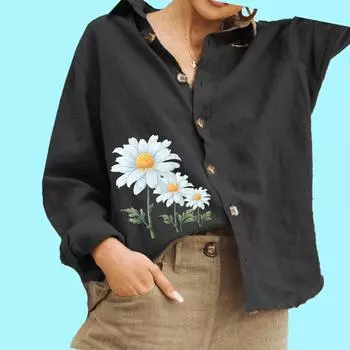 Женская модная блузка с цветочным принтом, женская хлопковая льняная рубашка с длинным рукавом и пуговицами S белый