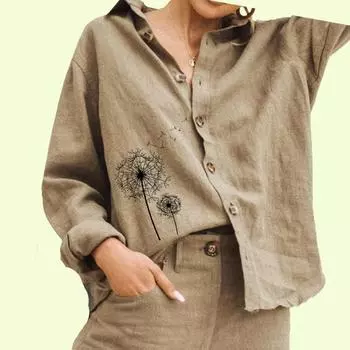 Женская модная блузка с цветочным принтом, женская повседневная рубашка из хлопка и льна с длинным рукавом на пуговицах S белый