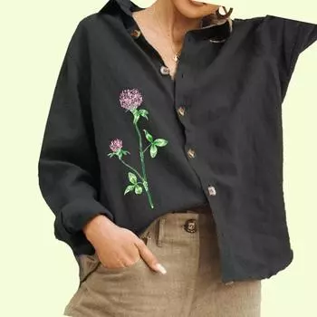 Женская модная блузка с цветочным принтом, женская повседневная рубашка из хлопка и льна с длинным рукавом на пуговицах S белый