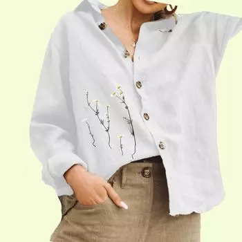 Женская модная блузка с цветочным принтом, женская хлопковая льняная рубашка с длинным рукавом и застежкой на пуговицы S белый