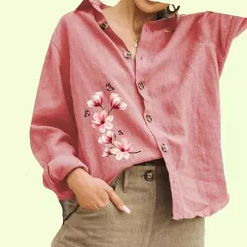 Женская модная блузка с цветочным принтом, женская повседневная рубашка из хлопка и льна с длинным рукавом на пуговицах S белый