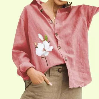 Женская модная блузка с цветочным принтом, женская хлопковая льняная рубашка с длинным рукавом и застежкой на пуговицы S белый