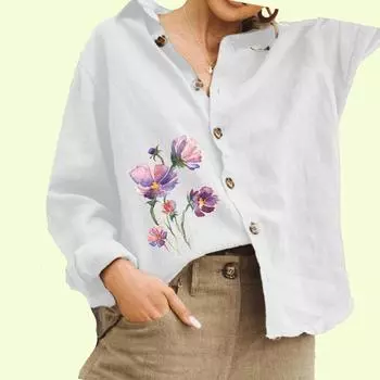 Женская модная блузка с цветочным принтом, женская повседневная рубашка из хлопка и льна с длинным рукавом на пуговицах S белый