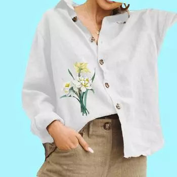 Женская модная блузка с цветочным принтом, женская хлопковая льняная рубашка с длинным рукавом и пуговицами S белый