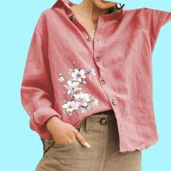 Женская модная блузка с цветочным принтом, женская хлопковая льняная рубашка с длинным рукавом и застежкой на пуговицы S белый