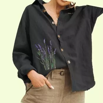 Женская модная блузка с цветочным принтом, женская повседневная рубашка из хлопка и льна с длинным рукавом на пуговицах S белый