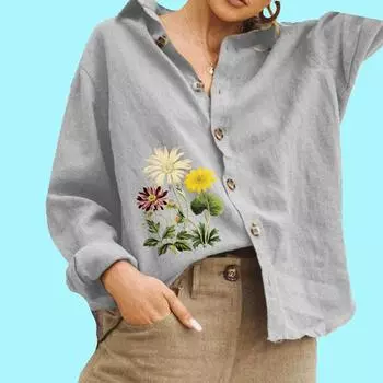 Женская модная блузка с цветочным принтом, женская хлопковая льняная рубашка с длинным рукавом и застежкой на пуговицы S белый