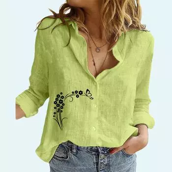 Женская модная блузка с цветочным принтом, женский хлопковый льняной топ с воротником с лацканами, повседневная свободная футболка с длинным рукавом на пуговицах S белый