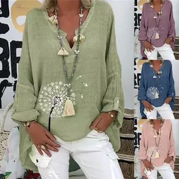 Женская модная блузка с длинным рукавом из хлопка и льна с принтом и V-образным вырезом L зелёный