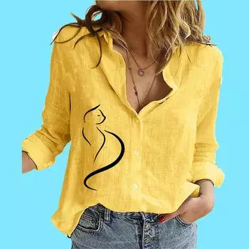 Женская модная блузка с длинным рукавом, женская стойка с принтом, повседневная рубашка из хлопка и льна на пуговицах S белый