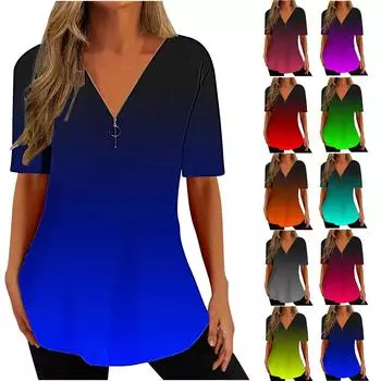 Женская модная блузка с градиентным принтом, забавная повседневная блузка на молнии с короткими рукавами L оранжевый