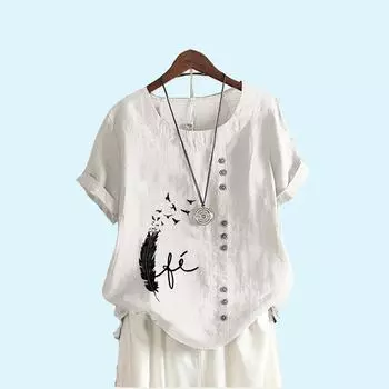 Женская модная блузка с коротким рукавом и принтом, летняя повседневная футболка с круглым воротником из хлопка и льна, свободный топ S белый